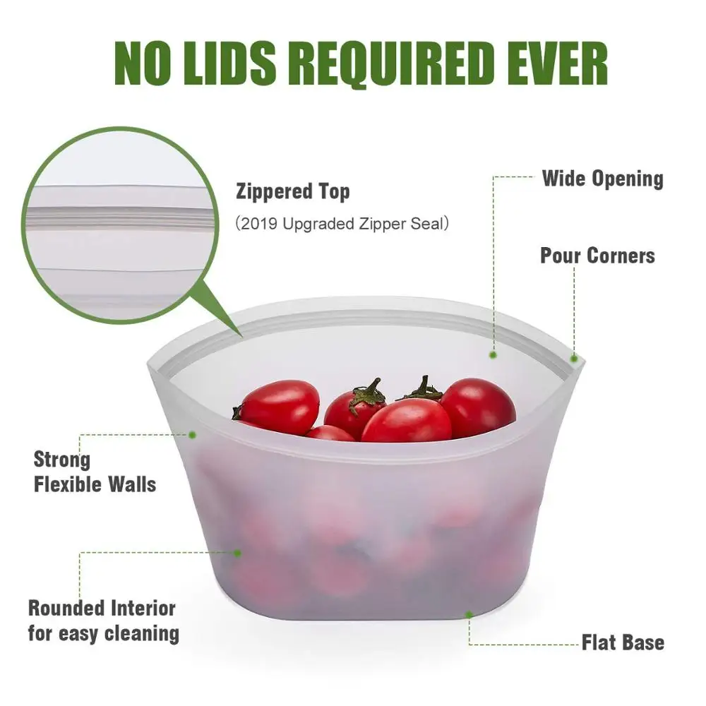 2/3Pcs Silicone Food Storage Containers Zip Top Leakproof Fresh Bowl Reusable Stand Up Zips Shut Bag Fruit Vegetable Sealed Cup