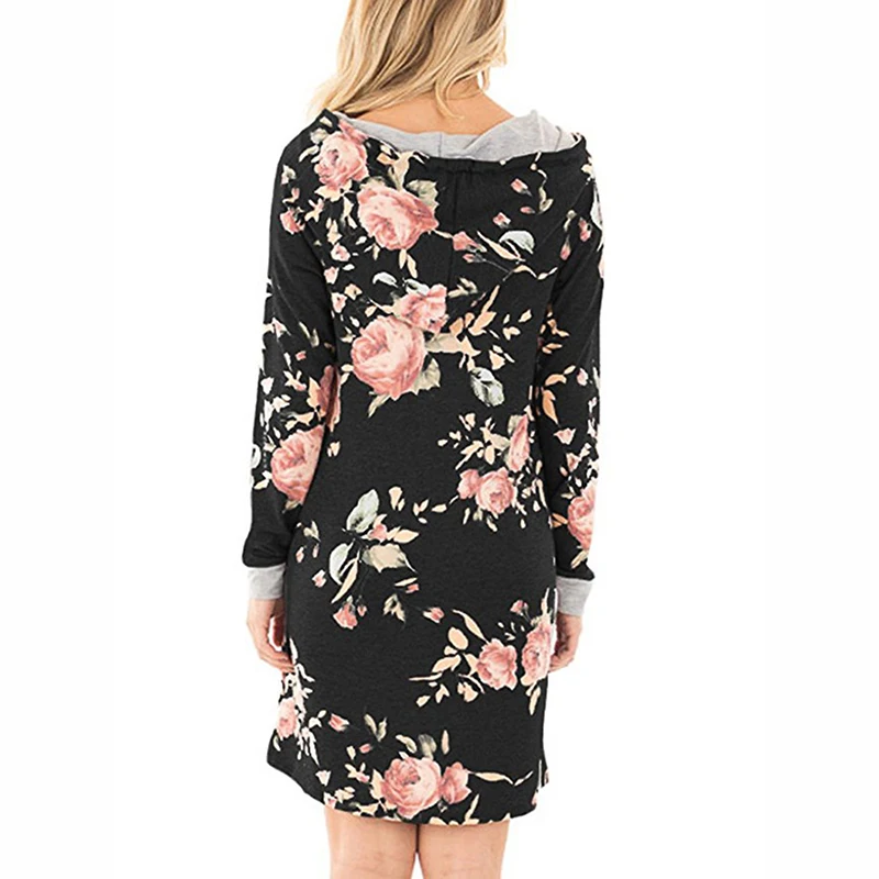 Womens Floral Hooded T-shirt Dress Ladies Long Sleeve Casual Holiday Short Dress