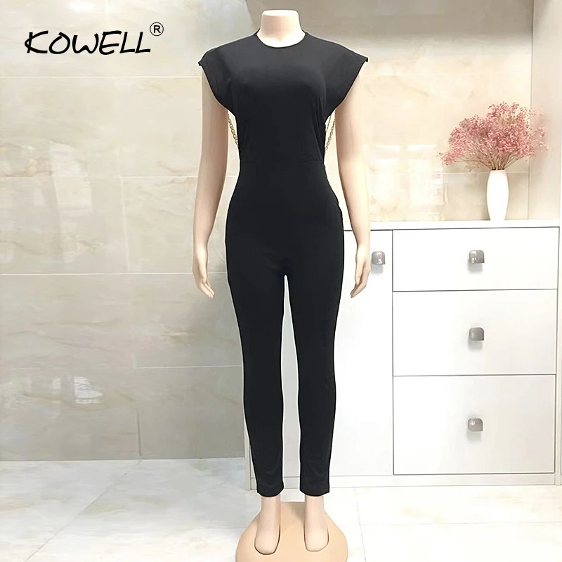 Hot Sale Pearl Chain Sexy Backless Jumpsuit Women Sleeveless Skinny Bodycon Rompers Women Party Overalls Casual Tassel Playsuits