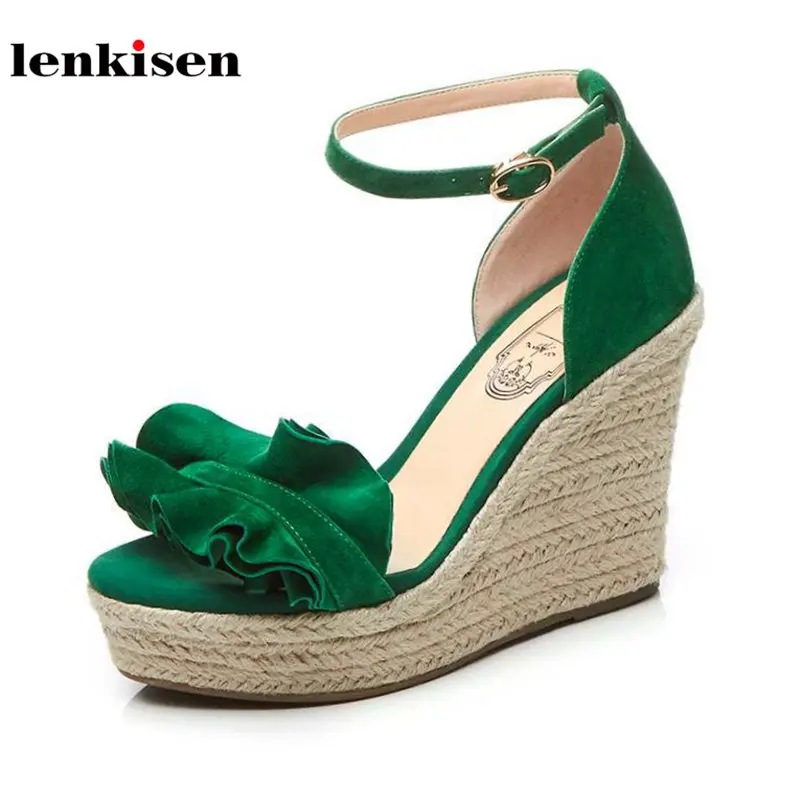 

Lenkisen kid suede princess style petals ankle strap solid causal shoe seaside beach super high heels wedges women sandals L65