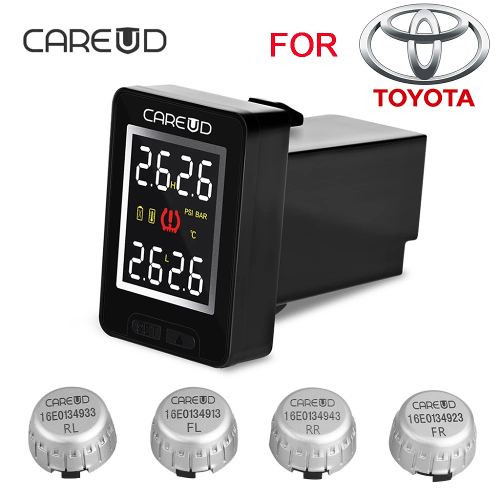 CAREUD New U912 TPMS Car Tire Pressure 4 External Sensors Wireless Monitoring System and LCD Display Embedded Monitor for Toyota