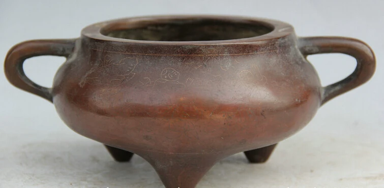 

Elegant old S2167 9" Chinese palace Purple Bronze circular 3 Foot Boy handle Incense Burner Censer statue