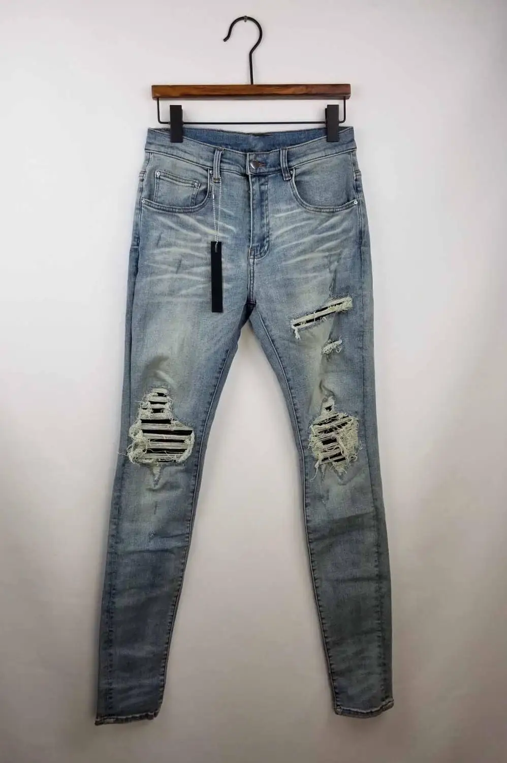 

men stretchy skinny ribbed leather patch distressed lt blue jeans