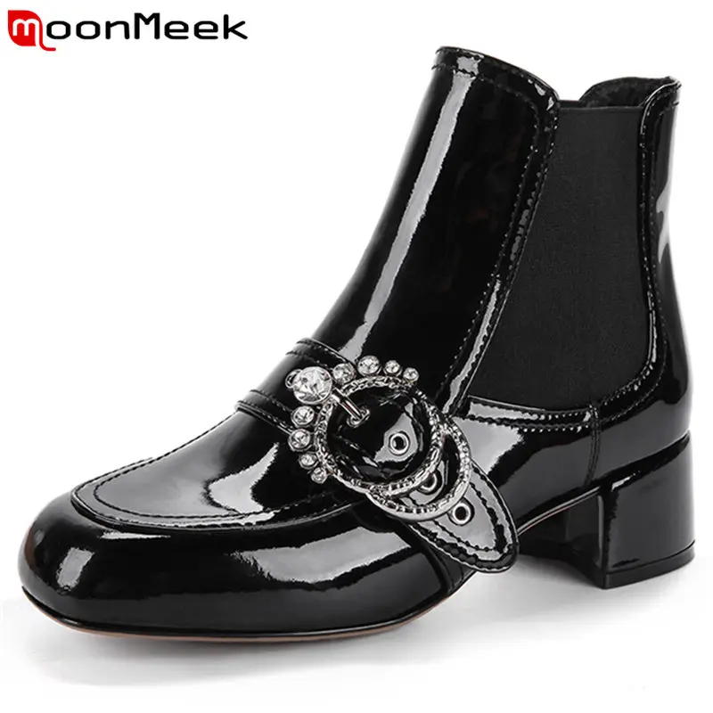 Black 1 black Mujeres 2 Cuadrados Rhinstone Tacón Toe De On Moda Med Charol Moonmeek 2018 Botas Otoño Slip Tobillo qTUxanWZwX
