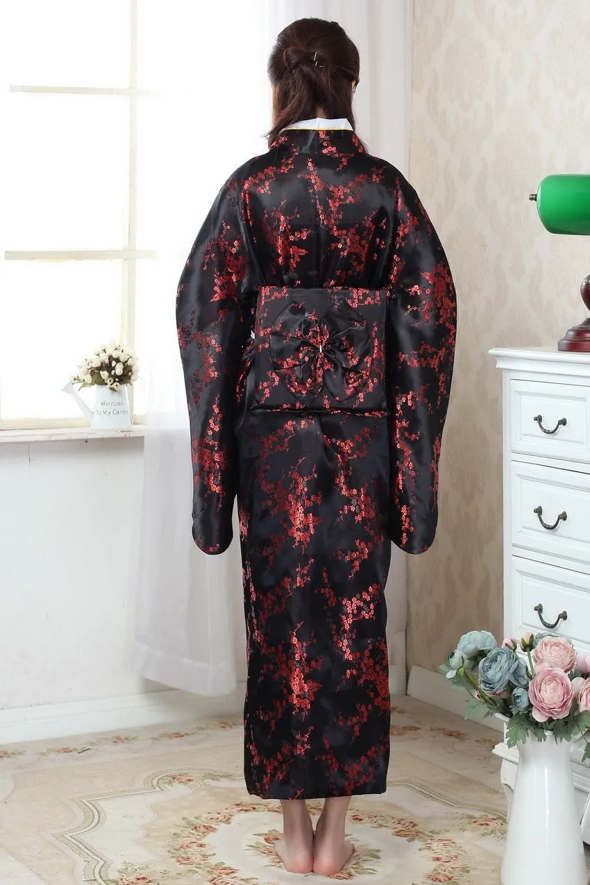 Черное Красное японское женское шелковое кимоно юката хаори с Obi представление сценическая одежда Цветок Один размер JK023