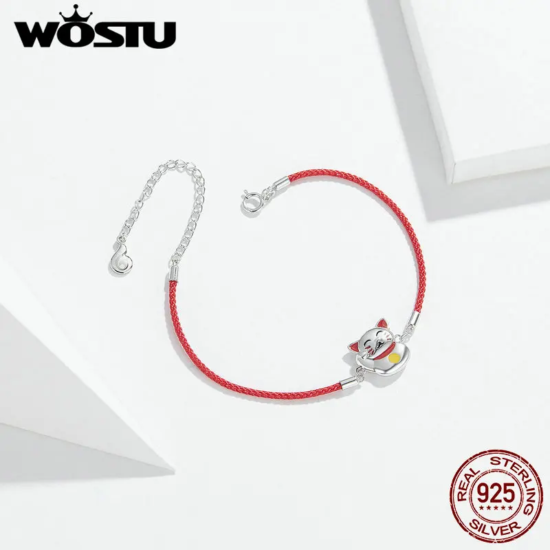 WOSTU настоящий 925 пробы серебряный браслет Maneki Neko Новое поступление красный браслет для женщин ювелирный подарок DAB012