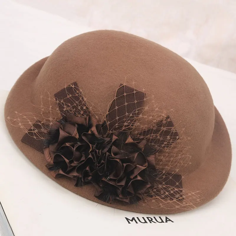 Женская шерстяная шляпа Fedoras, женская шапка с цветочным узором, зимние шерстяные шляпы, женские шерстяные береты, британская ретро-шляпы, отрегулируйте B8960 - Цвет: Хаки