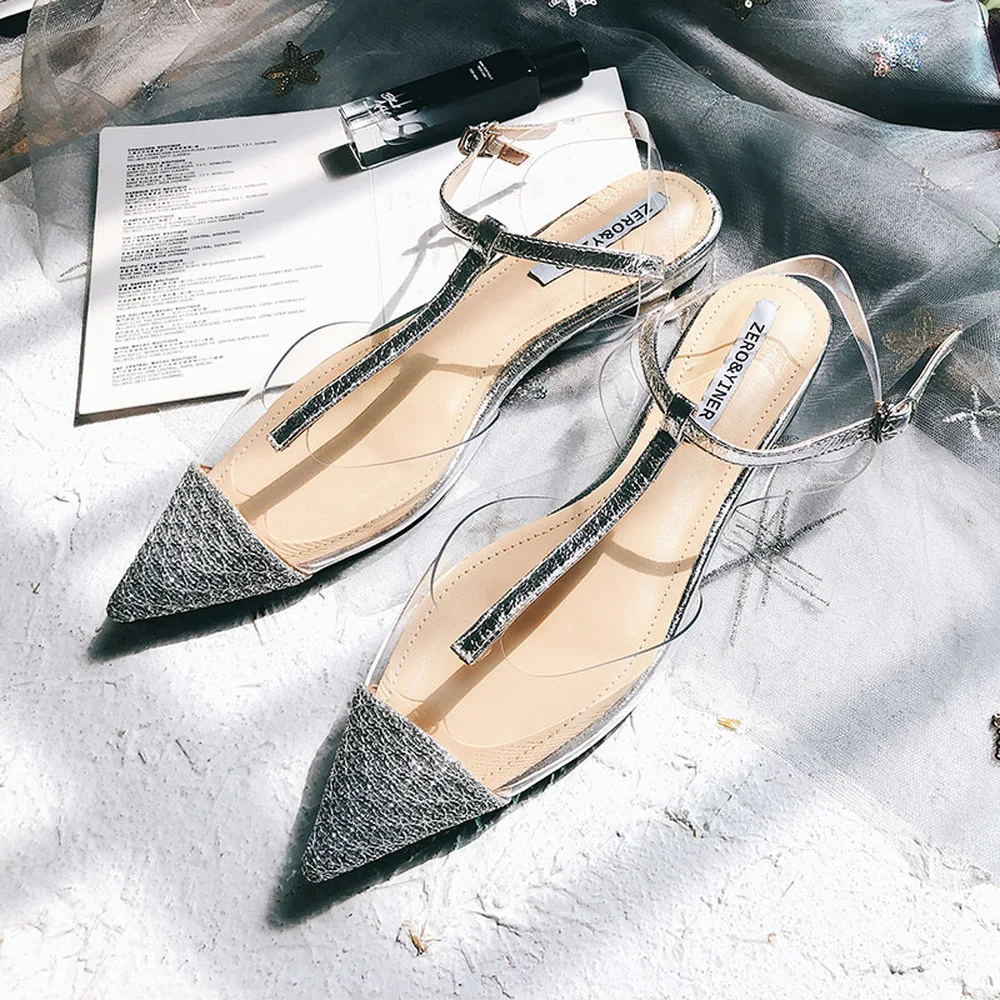 

2019 Summer New Transparent Sequins Flat Bottomed Pointed Baotou Sandals Sexy Mature Fashion Comfort Sweet Cute Wild