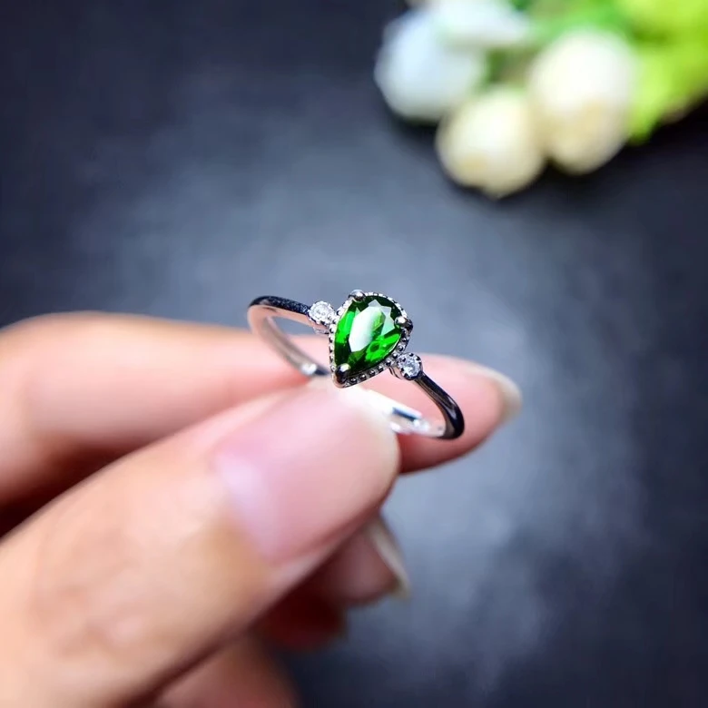 Модная изящная капли воды натуральный зеленый диопсид кольцо с камнем S925 серебро натуральное Драгоценное кольцо с драгоценным камнем Для женщин Нарядная, для девочек подарок ювелирные украшения