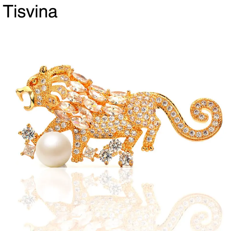 

Tisvina 2018 Luxury Pearl zircon Lion Brooches for women men kid Retro Animal Brooch pins Fashion jewelry Banquet Weddings party