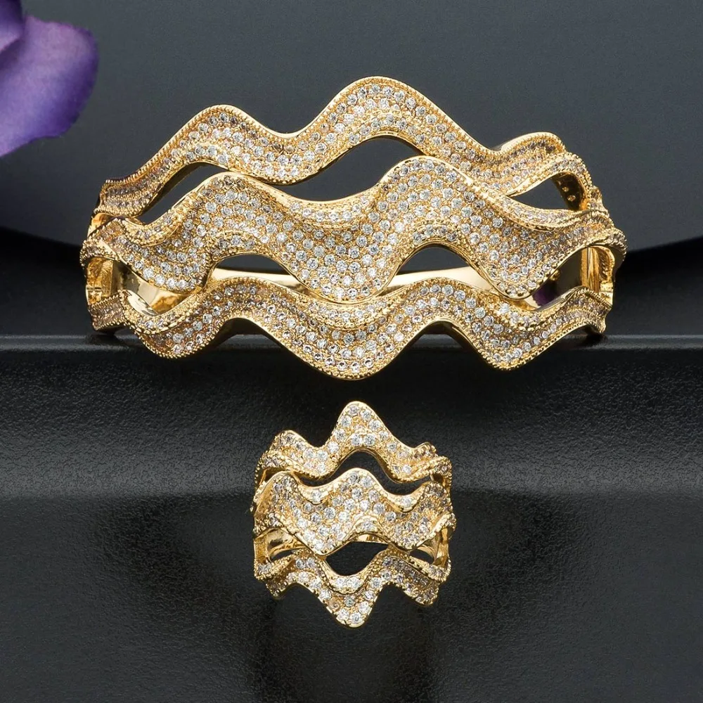 

ModemAngel Luxury Rhinestones Twist Shape Flower AAA Cubic Zircon 3Tone Wide Bracelet Bangle Ring Set For Women