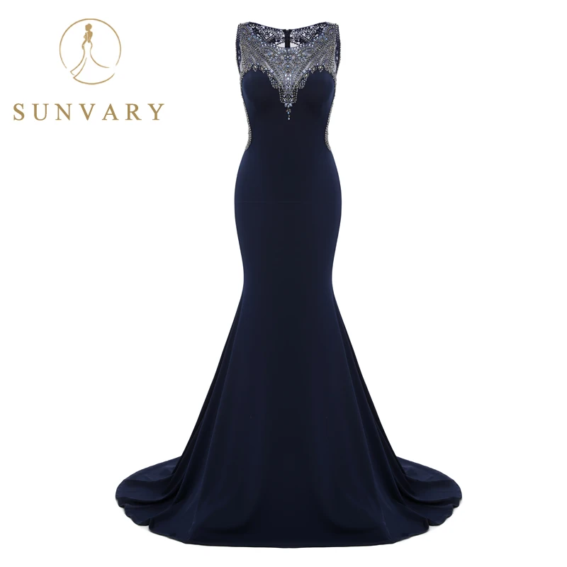 Sunvary Custom Luxury Beads Neckline Trumpet Long Prom Dress Dark Blue