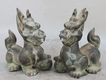 

8"China Bronze Guardian Foo Fu Dog Lion Unicorn Kylin Chi-lin Dragon Beast Pair