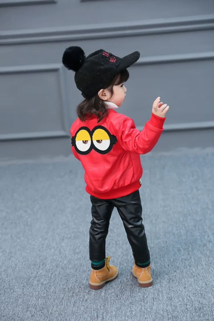 Весенне-осенняя короткая куртка для маленьких девочек Детская куртка из искусственной кожи с большим глазом черного и красного цвета для мальчиков ветрозащитная верхняя одежда с воротником-стойкой, пальто