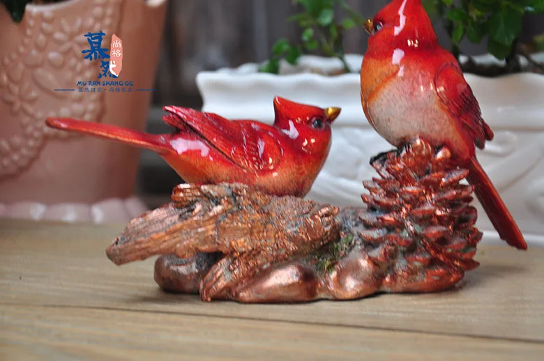 American Style Resin Decoration Red Birds On Branch Cone Home Garden