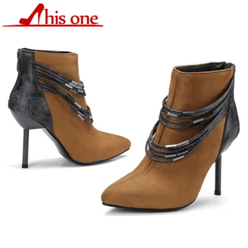 

HTIS ONE Short Tube Pointed Super High HeelPost zipper Boots Women's Personality Fashion Beautiful Chain Boots