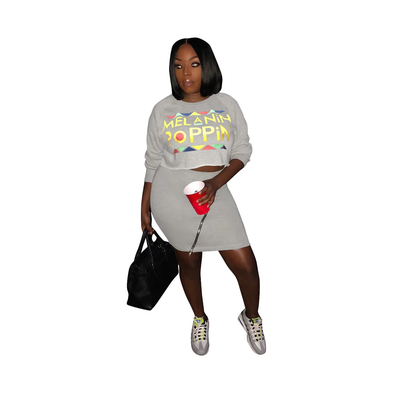 

Plus Size Solid Letter Print Zipper Skirt Set 2 Piece Set Women Two Piece Set Top and Skirt Ladies Summer Casual Clothes Suit