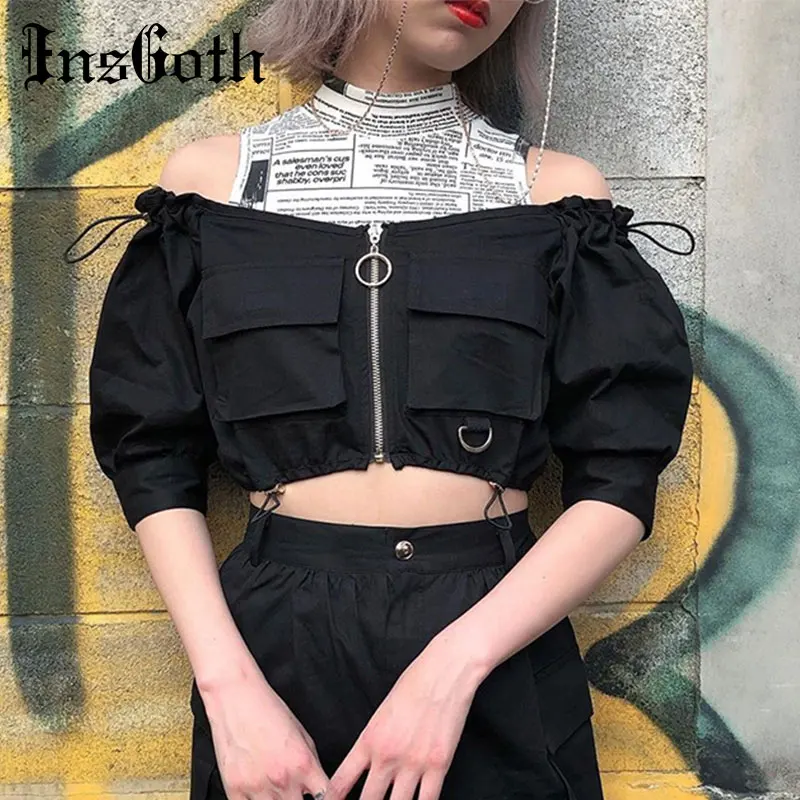 

InsGoth Off Shoulder Crop Tops Women Black Zipper Bodycon Half Sleeve Sexy Tops Punk Hip Hop Streetwear Female Short T-shirts