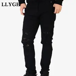 LLYGE мужские джинсы черные из денима брюки Slim Fit хип хоп плиссированные Стрейчевые джинсы брюки мужские мото байкерские рваные пакет уличная