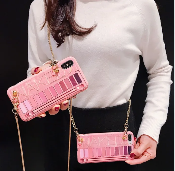 

Personalized eye shadow box soft phone case for iphone XS MAX Cover for iphone 7 6 6S X XR 8 plus 7plus girl Crossbody chain bag