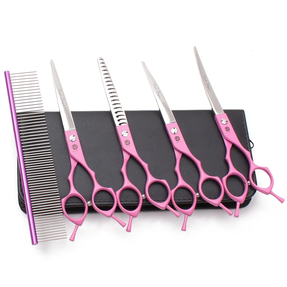 Suit 6.5" 7" 440C Dog Grooming Kit Straight Scissors Thinning Shears UP&Down Curved Shears Comb Professional Pet Scissors Z3009