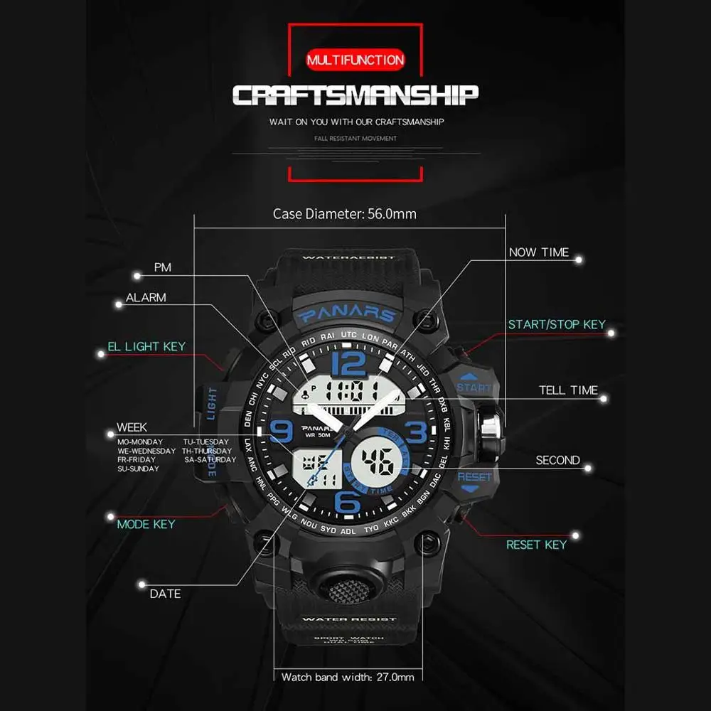 PANARS Мужские Цифровые часы военные армейские часы G стиль Роскошные S бренд шок 50 м водонепроницаемые спортивные водонепроницаемые наручные часы G50