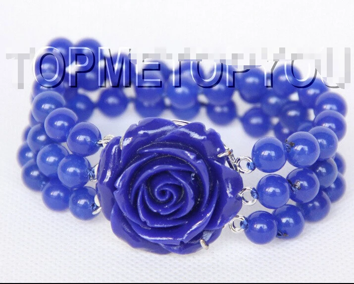 

beautiful 3rows 8mm round blue jade bracelet carven clasp E1944^^@^18K GP SHIPPING