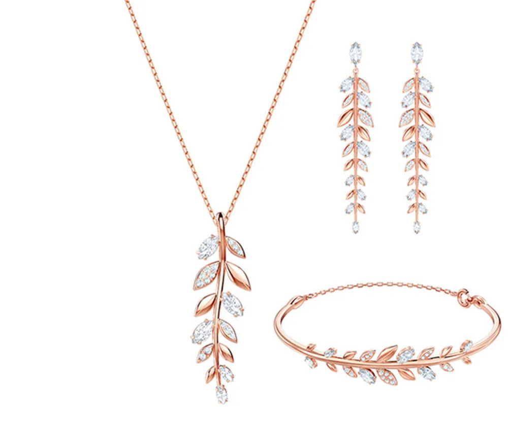 

Fanier New Wild Fashion Pink Gold Crystal Leaf Women's Gold Necklace In Gold Pink Bracelet 5410411 5409340