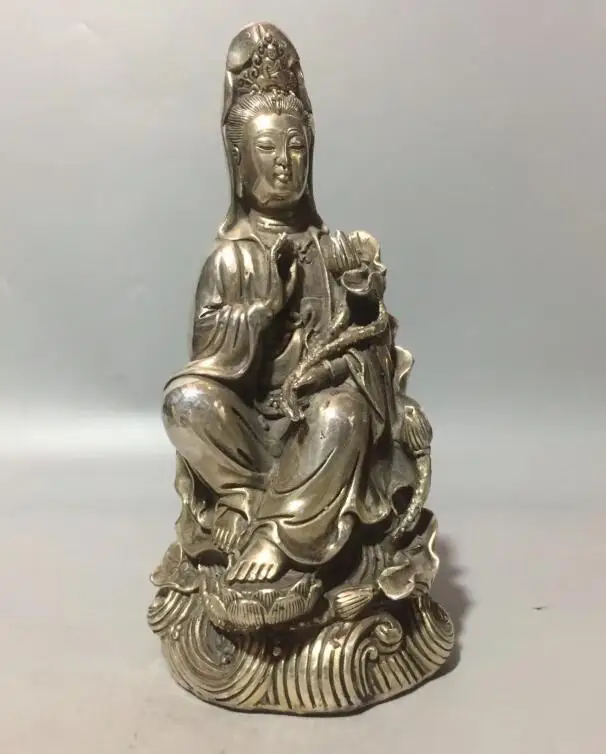 Collect archaize white copper lotus Guanyin bodhisattva crafts statue