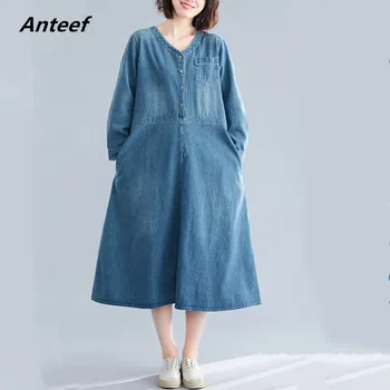 

long sleeve cotton vintage plus size women casual loose long spring autumn denim dress elegant clothes 2020 ladies dresses