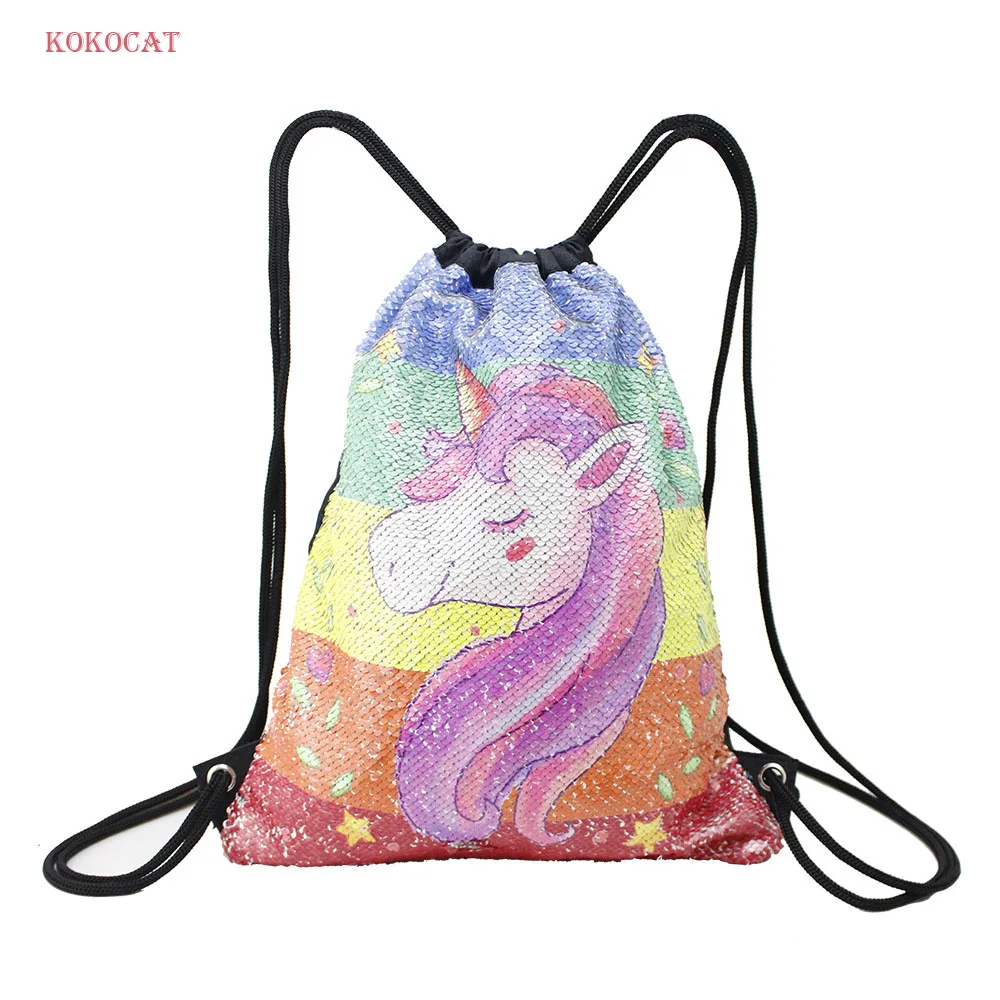 

3D Printing Unicorn Sequins Drawstring Bag for Girls Travel Beach Storage Package Kids Cartoon School Backpacks Children Party