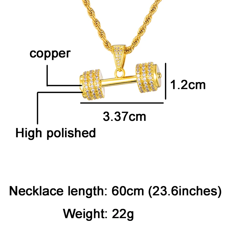 Hip Hop Chain Fitness Dumbbell & Barbell Pendant Necklace Cool Gift for Men 3 Colors Gold Color Heavy Big Necklaces Male Jewelry Big Size Wide 55mm, Main Stone Color: Black Color, Length: 68 cm