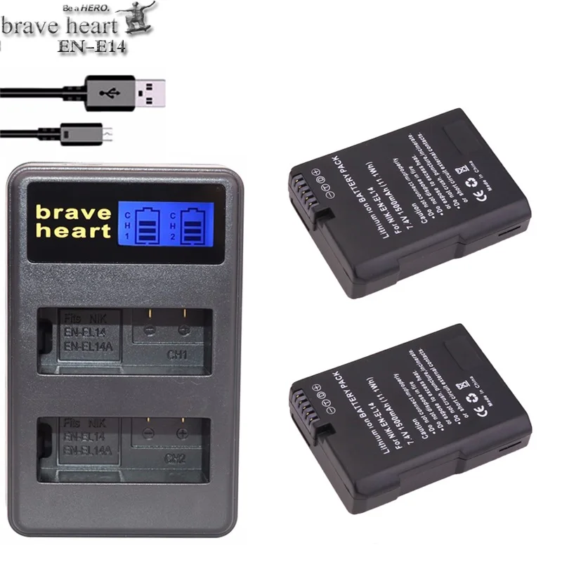 Brave сердце 2x bateria EN-EL14 RU EL14 батарея+ USB Зарядное устройство для цифровой камеры Nikon COOLPIX P7000 P7700 P7800 D3100 D3200 D3300 D5100 D5200 - Цвет: charger and 2battery