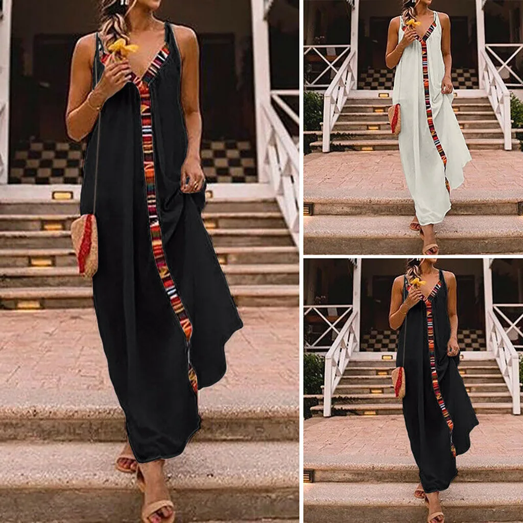 Модное женское пляжное платье с v-образным вырезом без рукавов Sukienka Boho, однотонное повседневное Хлопковое платье Caims Maix