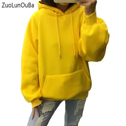 Zuolunouba/2018 Зимние Повседневные Флисовые женские толстовки с капюшоном, свитшоты с длинным рукавом, желтые пуловеры для девочек, свободные