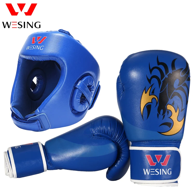 

Wesing Boxing Helmet with Boxing Gloves 10oz Muay Thai Kickboxing Training Headguard Protection Big Size MMA Equipment
