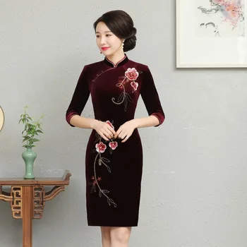 

National Style Print Floral Qipao Winter New Three Quarter Sleeve Velvet Cheongsam Plus Size Elegant Lady Daily Dress Vestidos