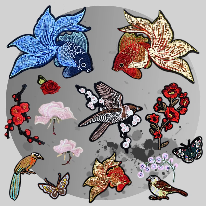 

Flower Bird Butterfly Goldfish Embroidered Patches For Clothing DIY Stripes Applique Clothes Stickers Iron On Patches Badges