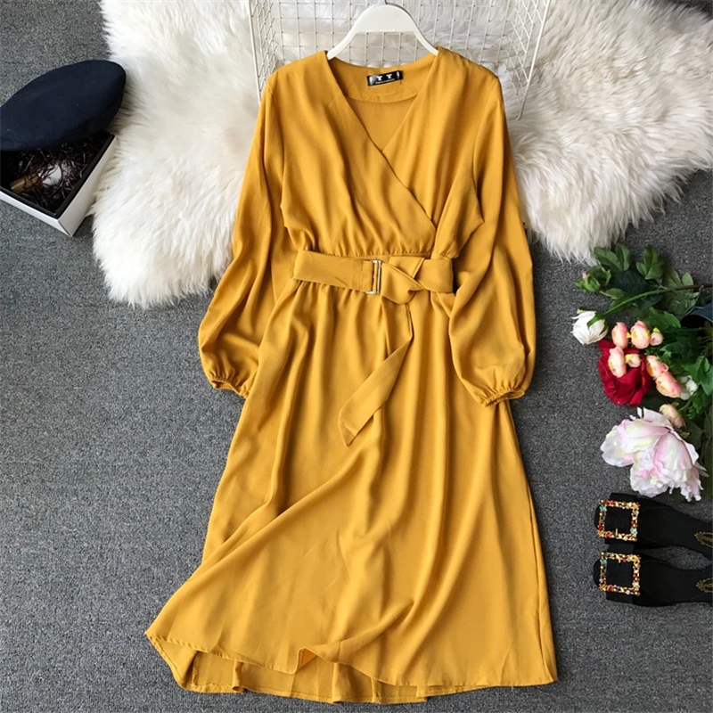 Женское платье с V образным вырезом повседневное элегантное длинным рукавом и