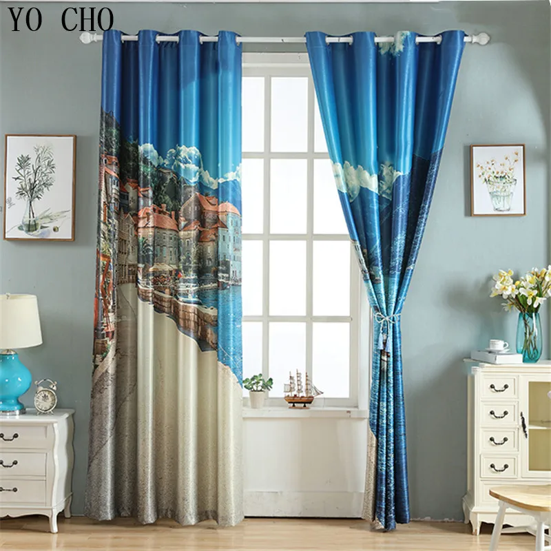 

YO CHO sea side scenery window curtains for bedroom living room hotel study cotton linen blackout curtains printed window decor