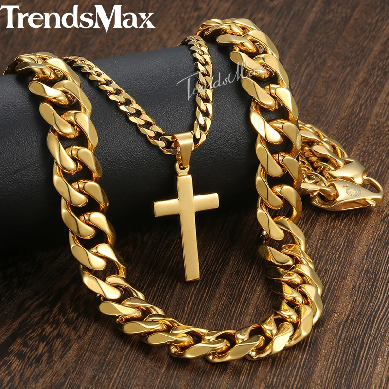 

New Men's Hip Hop Necklace Gold Stainless Steel Curb Cuban Link Chain Cross Pendant Necklace for Men Jewelry 14mm 24inch DN07