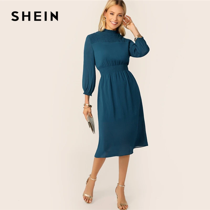 Günstige SHEIN Classy Blue Rüschen Neck Geraffte Joch und Taille Midi Kleid Frauen Frühling Herbst 2019 Keyhole Zurück Büro Dame Elegant kleider