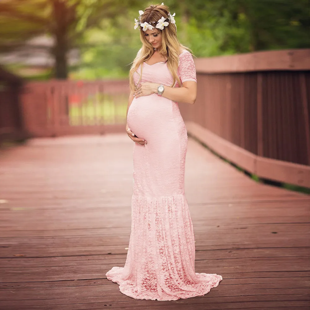 Платье для беременных женщин Pregnants Сексуальная фотография Реквизит c оголенными плечами или v-образным вырезом кружева длинное платье арт фото платье#42 - Цвет: PK