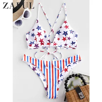 

ZAFUL Reversible Bikini American Flag Lace-Up Bralette Bikini Independence Day Swimsuit Criss-Cross Spaghetti Straps Swimwear