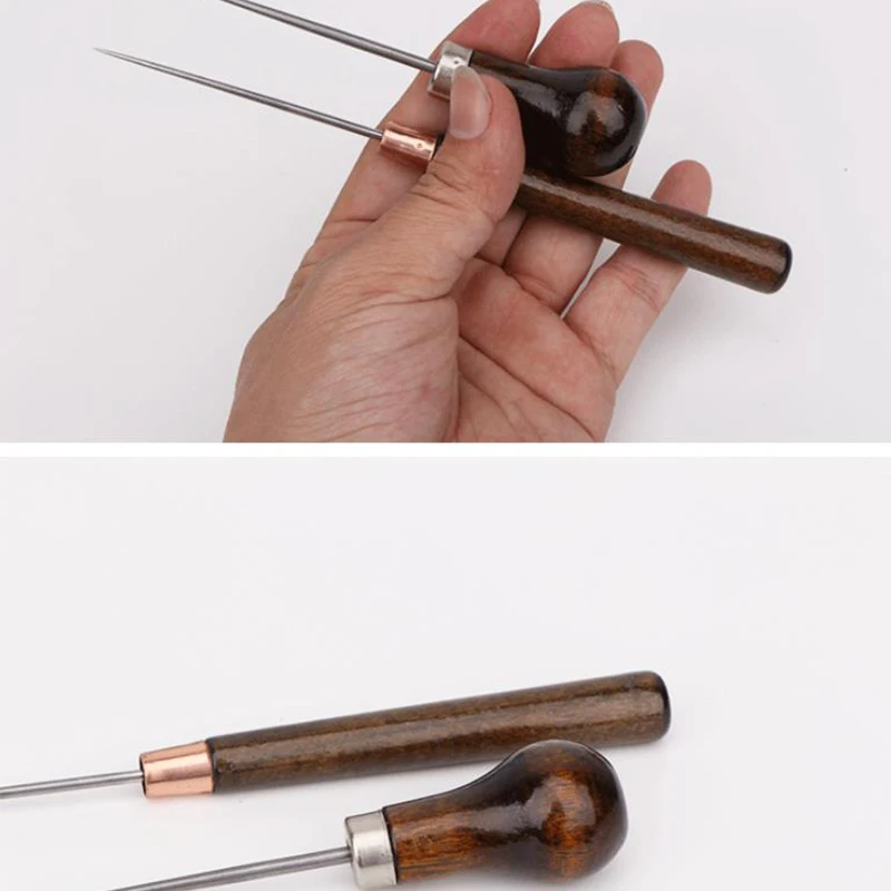 2pcs Leather craft Stitching Awl Round Wooden Handle Cloth Sewing Punch Tool Household Supplies