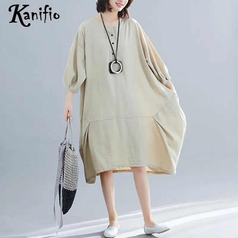 

Kanifio Brand Plus Size Apparel for Women Casual Loose Dress 2019 Summer Fashion Striped Oversized Midi Dresses Female Vestidios