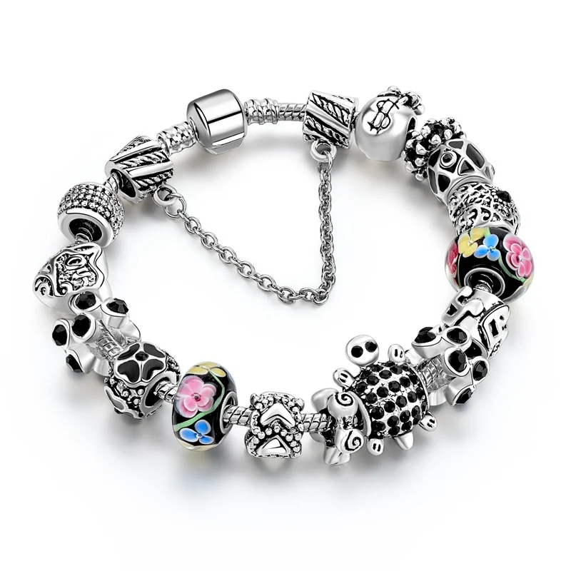 

Athina Black Crystal beads Charm Bracelets & Bangles Silver Color Bracelets For Women Wedding DIY Jewelry for pulsera feminina