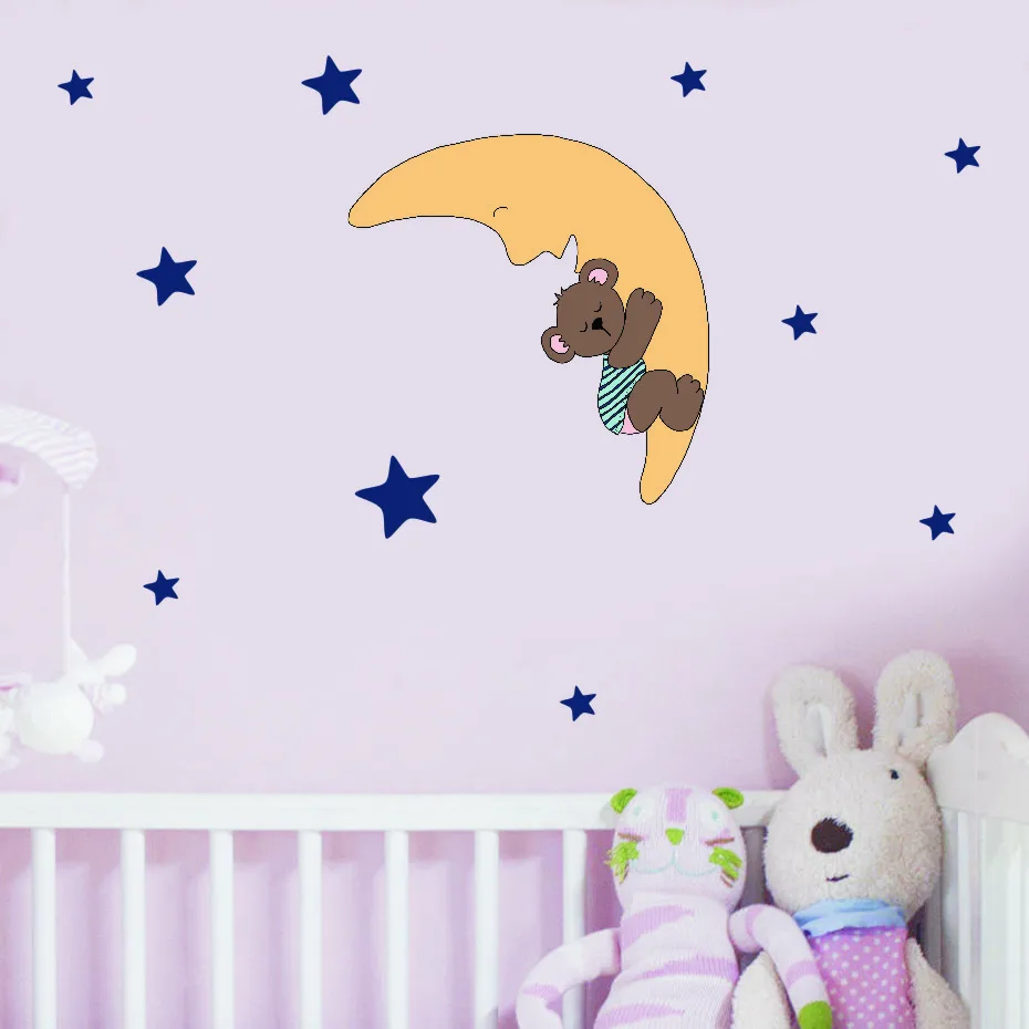 Cute Quite Sleep Bear with Stars Wall Decals Children's Kids Cartoon DIY Art Vinyls Stickers Bedroom Home Decor Mural Wallpaper