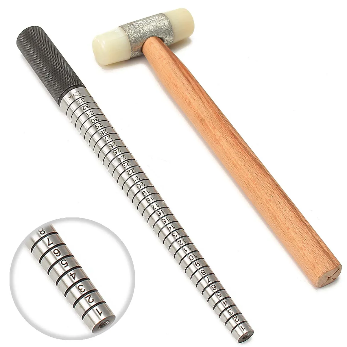 

2Pcs Jewelry Tool Sets Steel Ring Enlarger Finger Sizing Stick Mandrel Sizer Installable Two Way Wood Handle Hammers Tool
