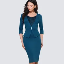 One-piece Formal Wearing V Neck Lace Drape Pearl-white Button Pencil Office Dress Women Knee Length Zip Back Bandage Dress HB361